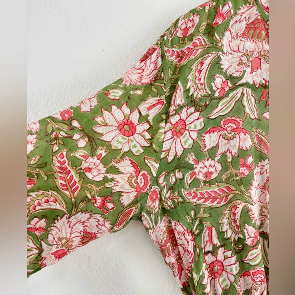 Pacific & Rose Textiles - Hilia Midi Tiered Dress, Pink & Green Floral - Picture 8 of 11